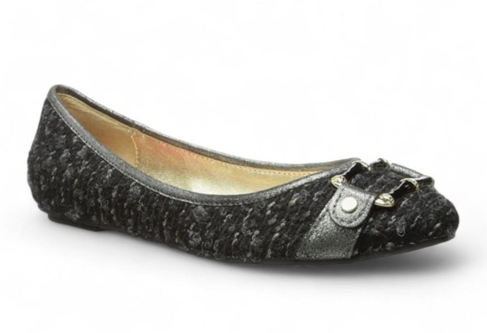 Elaine Turner Liz Tweed Ballerina Flats Round Toe Buckle Black Womens Size 7.5